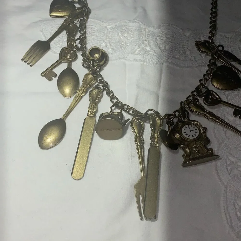 Vintage Steam Punk Whimsical mantle clock large folk art skeleton key Locket cha